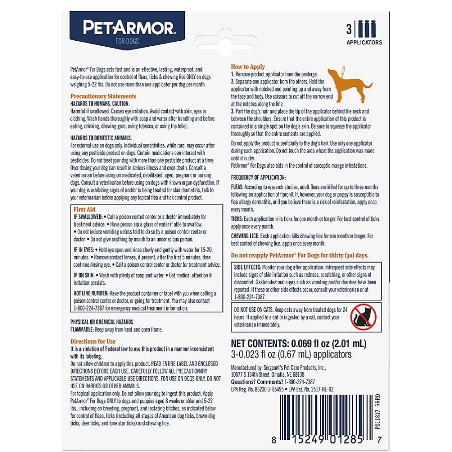 PetSmart PetArmor Flea & Tick Spot On Treatment for Dogs 5-22 lbs – 3 Month Supply