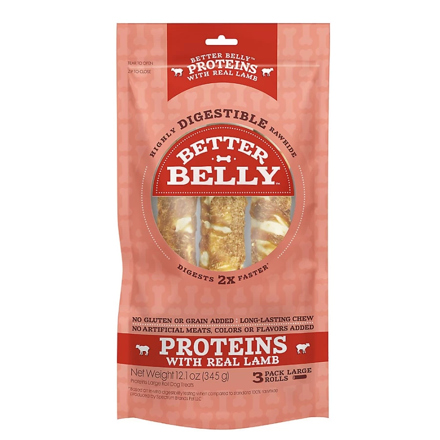 PetSmart Better Belly Proteins Rawhide Dog Treats for Large Breeds - Real Lamb Flavor, Digestible Chews for Dogs