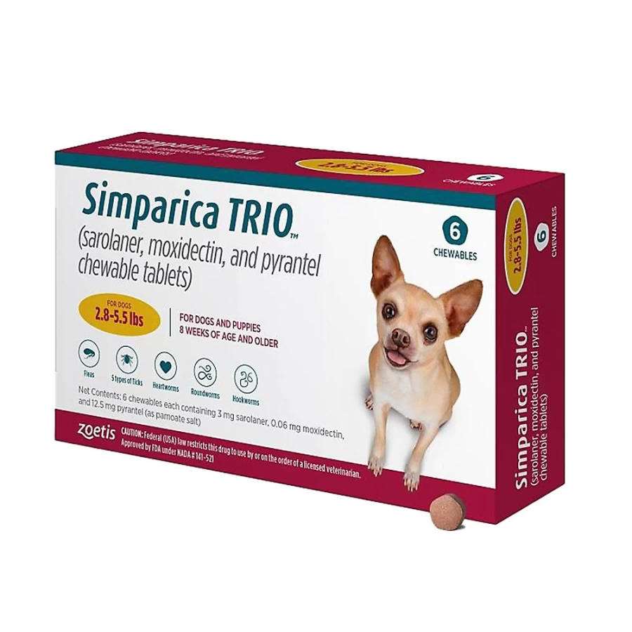 PetSmart Simparica Trio Chewable Tablets for Dogs 2.8-5.5 lbs (6-Month Supply) – Flea, Tick & Heartworm Prevention